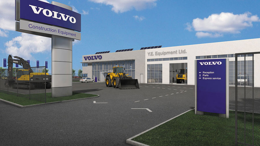 3D-visualisering av anläggning för återförsäljare. Uppdragsgivare: Volvo Construction Equipment.